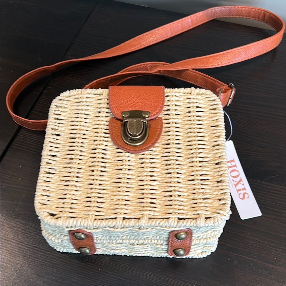 Tan and Cream Woven Crossbody Bag with Leather Accents